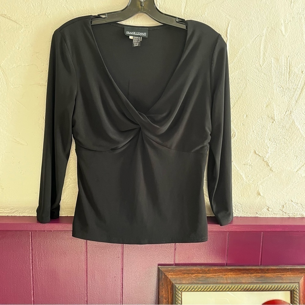 FRANK Lyman Black Top With Ruching At Bust Size 12